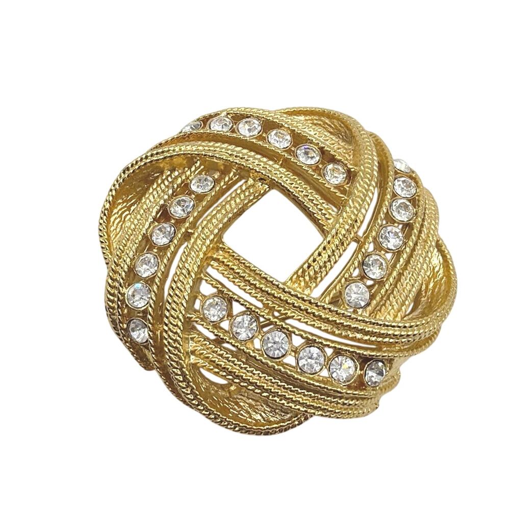 Vintage Brooch Rhinestones knot Gold Tone